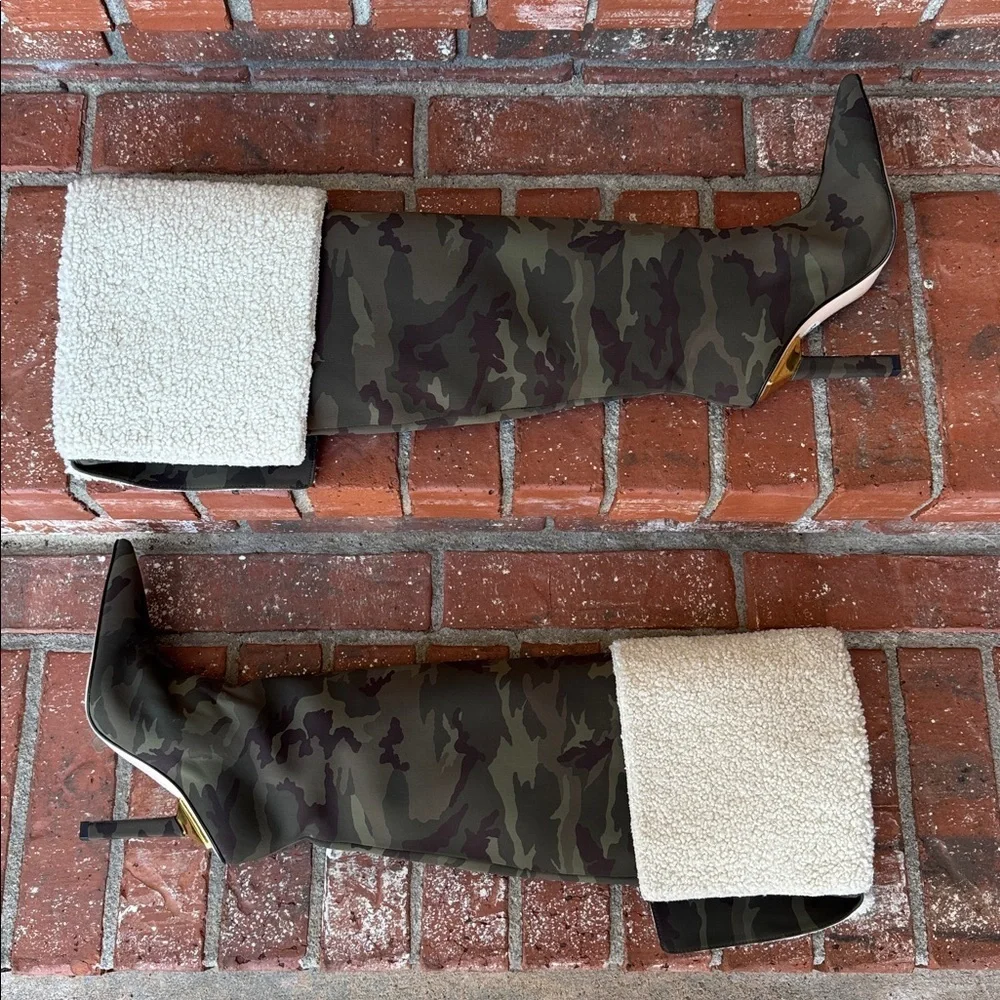 Good American Camo Over the Knee Boots Shearling Cuff GA255N Women's 5.5